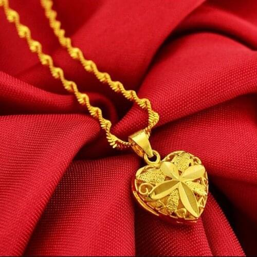 Wholesale Promotion Luxury Wedding Necklace Jewelry 24K Gold Filled heart Carved pendant Necklaces for women 45CM Long Necklace