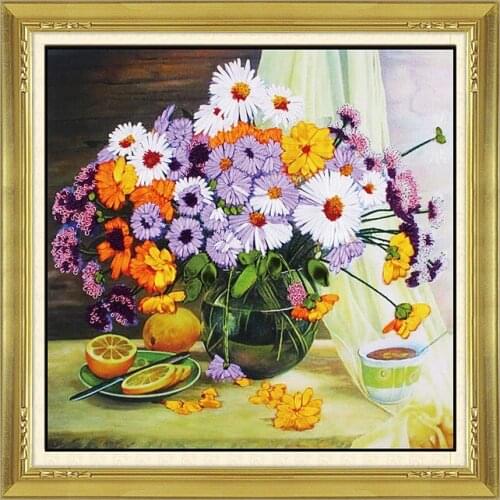Needlework,DIY Ribbon Cross stitch Sets for Embroidery kit, Blossoml vase flowers bands embroidery wall wedding gift