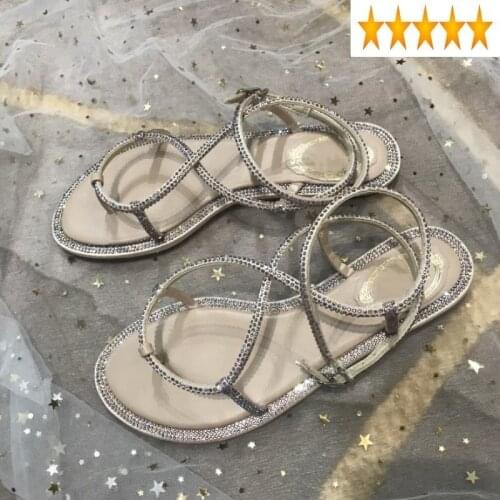 Crystal Summer Fashion Women Shiny Holiday Beach Shoes Ladies Diamonds Cross Straps Casual Gladiator Flats Sandals