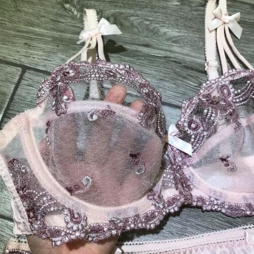 Sexy embroidery ultra-thin underwear womens see-through lace big breasts bow lingerie suit steel ring large size bra set