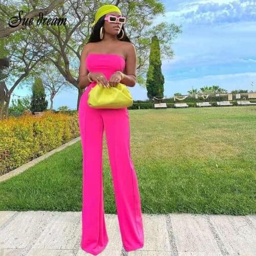 Sexy Sleeveless Womens Jumpsuit Summer 2021 Celebrity Party Cocktail Dress Pink Tube Top Wide Leg Mopping Jumpsuit