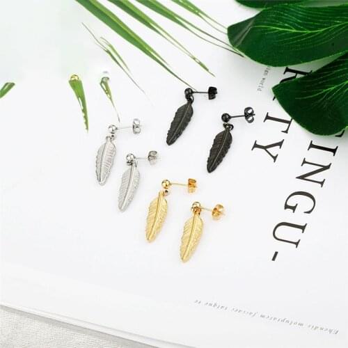 Fashion Feather Pendant Stainless steel Earrings For Women Girls Punk Geometric Charms Stud Ear Jewelry Party Gifts 2 pieces