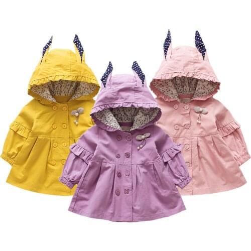 Spring Autumn Windbreaker Coat For GIrls 1-5 Years Lovely Cute With Ears 3 Color Kids Hooded Jacket Toddler Children Clothing
