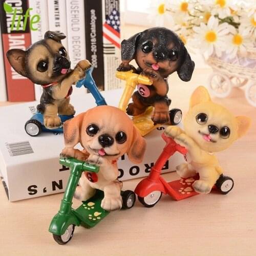 Cute Scooter Dog Statue Mini Resin Figurines Animal Models Dog Decoration Punny DIY House Car Ornament Kid Birthday Toy Gift