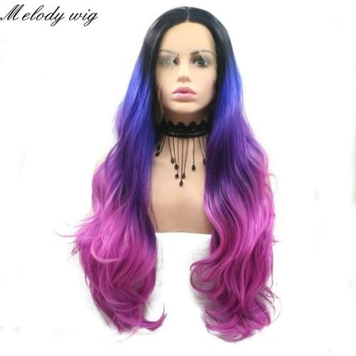 Melody Synthetic Lace Front Wig Heat Resistant Black Blue Purple Pink Ombre Color Long Body Wave for Women Natural Looking Daily