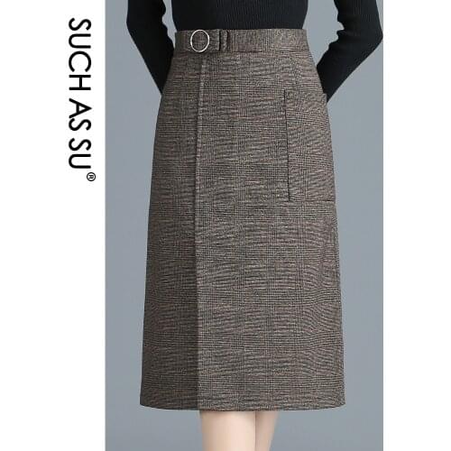 SUCH AS SU New Women Fall Winter Knit Plaid Skirts 2020 Gray Mid Long High Waist Straight Skirt S-3XL Casual Wrap Skirt Female