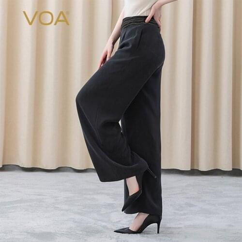 VOA 30m/m Heavyweight Silk Black Natural Waist Asymmetric Contrast Stitching Yellow Trim Versatile Wide Leg Pants KE279