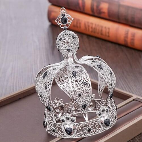 Vintage Silver color King Round Crown Black Crystal tiara Bridal Diadem Headpiece Prom Head Jewelry Wedding Hair Accessories