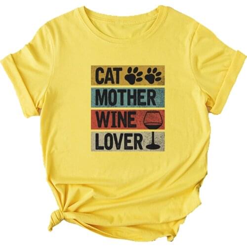 Cat Mother Wine Lover T Shirt Women Cat Mom Tshirt Cotton Women Shirt Short Sleeve Cute Cat Mom Graphic Tee Women Top
