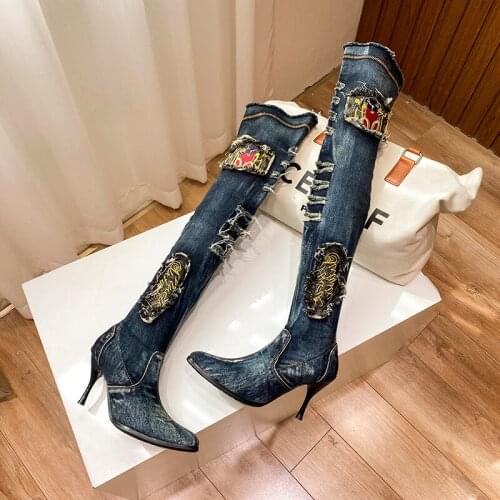 Sexy Womens High Boots Autumn Stretch Denim Runway Shoes For Women Size 35-41Cowgirl Over The Knee Womens Thigh High Boots