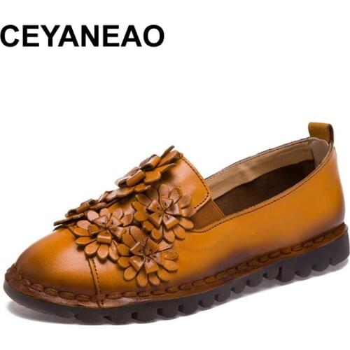 CEYANEAO New Autumn Flowers Handmade Shoes Women Flowers Soft Flat Bottom Shoes Casual Sandals Retro Women Genuine Leather Shoe
