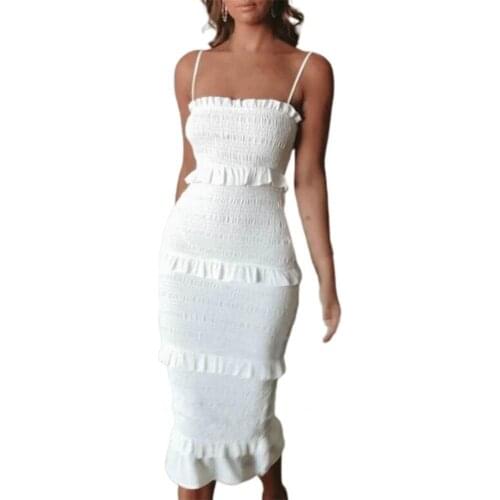 Sexy Bodycon Dress Women Spaghetti Straps Ruffles High Stretchy Backless Low Cut Off Shoulder Midi White Dress Wedding Vestidos