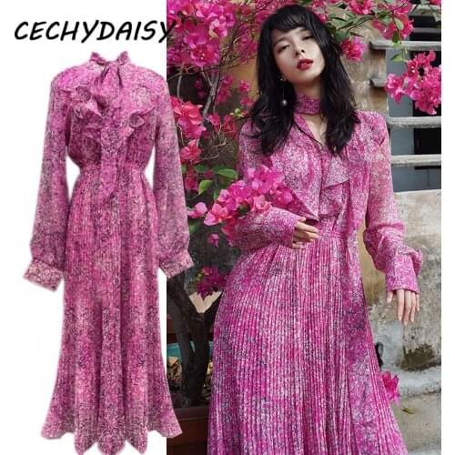 Pink Floral Printed Dress Women High Waist Lace Up Long Sleeve Vintage Casual Elegant Beach Chic Ladies Clothes Y2k Midi Dresses