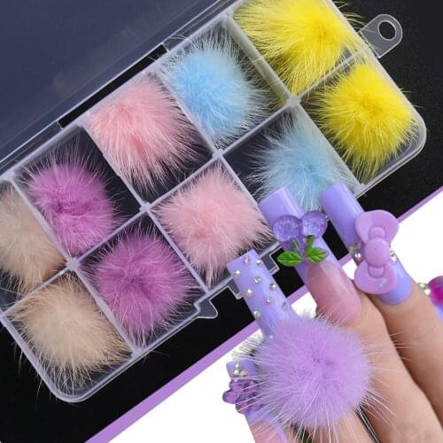 10pcs Fluffy Ball Nail Pom Poms Pink White Purple Magnet Detachable Plush Hair Balls For DIY Charms Jewelry Decorations JI1942