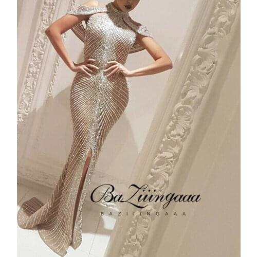 BAZIIINGAAA Luxury Woman Cocktail Dress Beaded Sequins Long Elegant Night Cocktail Party Formal Dresses for Wedding Plus Size
