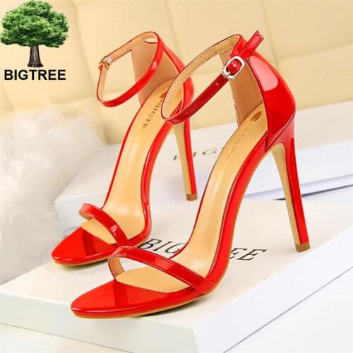 BIGTREE Concise Buckle Womens Dress Sandals Super High Heels Pumps Open Toe Red Wedding Sandals Women Thin Heel Patent Leather