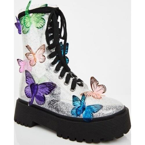 Fairy Style Multi 3D Butterfly Martin Boots Woman Thicken Sole Bling Bling PVC Fashion Ankle Boots Side Zipper Short Boots