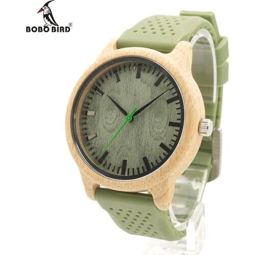 BOBO BIRD B06 Original Bamboo Case Green Dial Wood Watch Mens Fashion Quartz Watch with Green Silicon Band holz armbanduhr