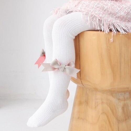 Kid Cotton Ribbed Tights For Children Spring Girl Knitted Bow Pantyhose Toddler Cute White Pants korean Baby Sticky Accessories