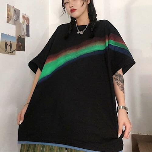 Rainbow Japanese Style Short Sleeve T-shirt Women Loose Korean Style Ins Harajuku Fashion Half Sleeve T Shirt Oversize Top Tees