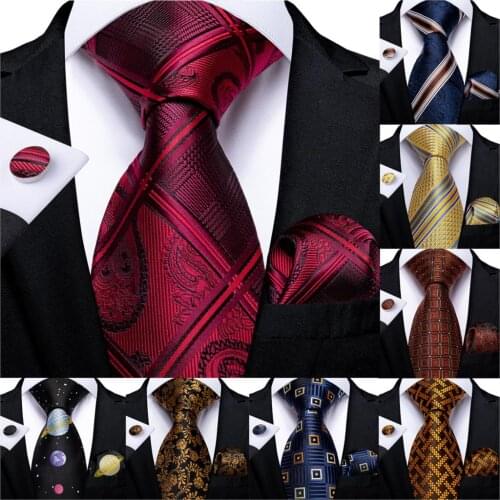 Quality Men Tie Red Wine Blue Striped Silk Wedding Tie For Men Hanky Cufflink Gift Tie Set DiBanGu Fashion Design Business