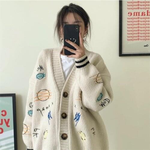 Harajuku Cardigan Button Heavy Embroidered Sweater Womens Western Style Loose Outer Wear Autumn/Winter Knitwear Jacket y2k tops