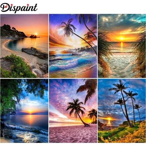 Dispaint Paint With Diamond Embroidery "Beach tree landscape" Diamond Painting Full Square Round Picture Of Rhinestone Decor