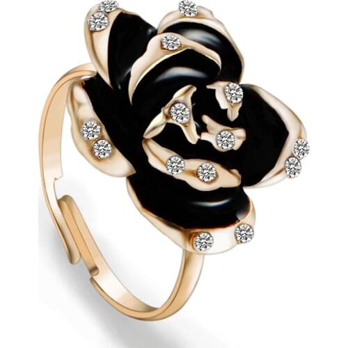 Black Rose Flower Leaves Resizable Gold Finger Rings Elegant Charming Women Wedding Open Ring Romantic Valentines Jewelry Gift