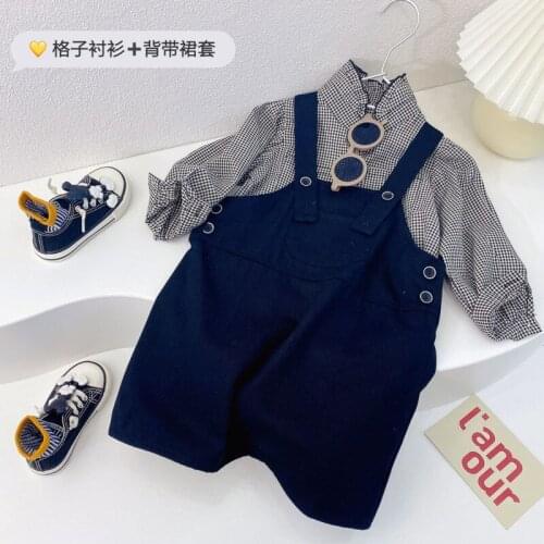 Two Pieces Clothing Set for Kids Long Sleeve Plaid Shirt + Spaghetti Strap Dress Suit Girls Casual Tracksuit Shirts & Dress Set