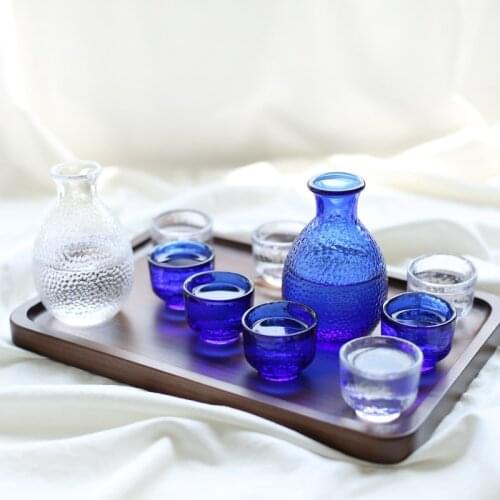 Creative Handmade Japanese Sake Glass Bottle Blue Flagon And Cups Tass Wine Pot Small Glass Liquor Jugs Home Bar Drinkware Set