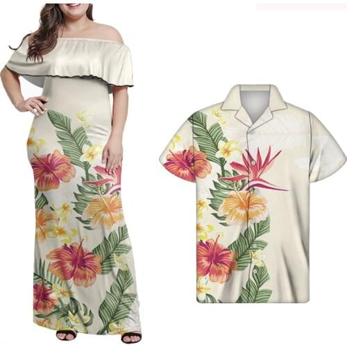 HYCOOL Summer Casual Elegant Floral Print Plus Size Couples Outfits Sexy Ruffle One Shoulder White Dress 5XL Hawaiian Shirt Men