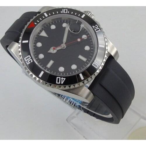 40mm PVD Coated Watch Case Automatic Movement Automatic Mens Watch Auto Date Rubber Strap Rotating Bezel