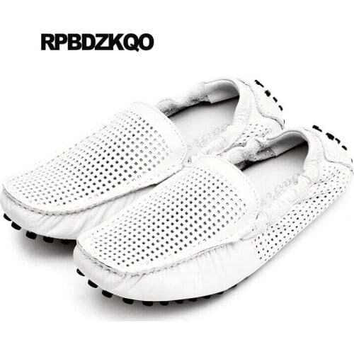 Flats Hollow Out 2021 New Summer Breathable Men Loafers Slip On Driving White Genuine Leather Shoes Moccasins British Style Real