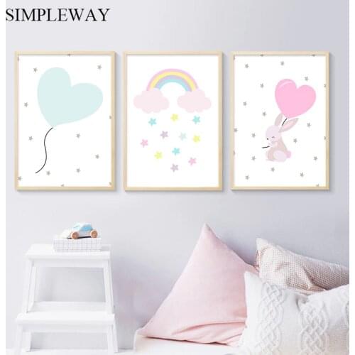 Rainbow Rabbit Heart Wall Art Canvas Painting Nursery Poster Minimalist Print Nordic Kids Decoration Picture Baby Bedroom Decor