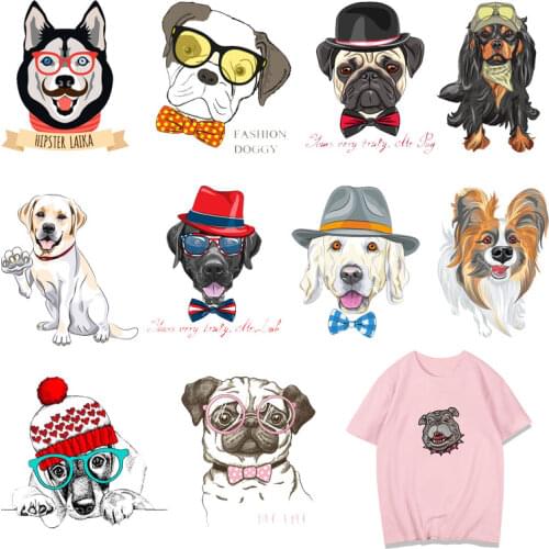 Cartoon Cool Dog Animals Iron on Heat Transfer Patches for Kids Clothing DIY Stripes Applique T-shirt Custom Stickers Appliques