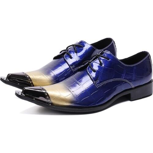 Western Oxford Blue Patent Leather Luxury Brand Italian Shoes Man High Heels Pointed Toe Dress Wedding Shoes Loafers Size13