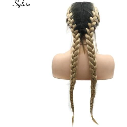 Sylvia Natural 2x Twist Braids Wig With Baby Hair Long Handmade All Middle Part Drak Roots Ombre Blonde Synthetic Lace Front Wig