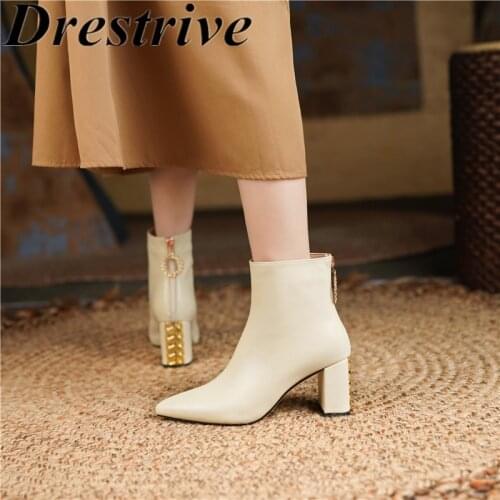 Drestrive Women Ankle Boots Zipper Pointed Toe Cow Leather Metal Knot 2021 Winter Shoes Thick High Heels 7 Cm Big Size 48