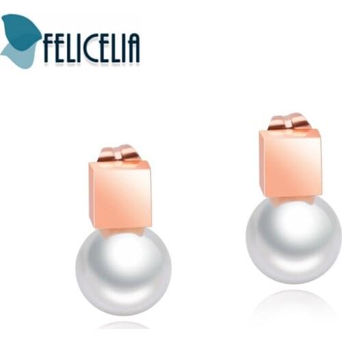 Felicelia Rose Gold Color Stainless Steel Stud Earrings Elegant Women Round Simulated Pearl Earrings Jewelry Birthday Gift