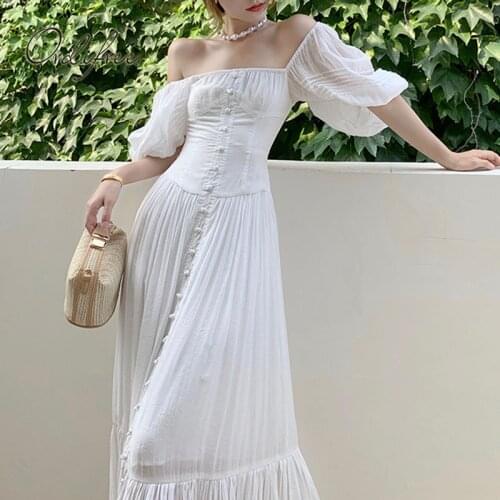 Ordifree 2021 Summer Women White Maxi Dress Half Sleeve Vintage Slash Neck Off Shoulder Long Tunic Beach Dress Vocation