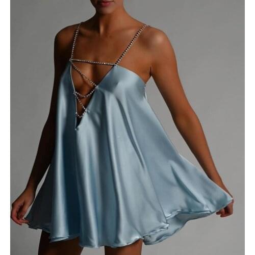 2021 New Summer Womens Mini Dress Fashion Diamond Sling Strap Loose Dress Sexy V-neck Backless Evening Party Clubwear Dresses