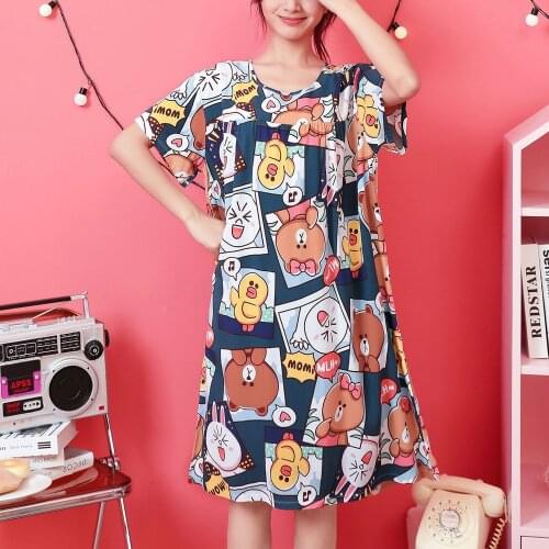 Cartoon Print Night Dress New Women Cotton Viscose Nightgown Loose Short sleeve Sleepshirts Nightdress Cute Home Wear large size