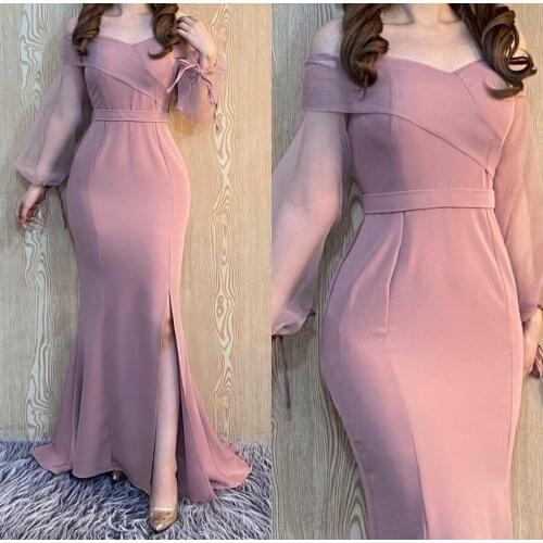 Elegant Mermaid Pink Long Shoudler Pleated Evening Dresses with Slit Long Corset Back Abendkleider Robes de Soirée for Women