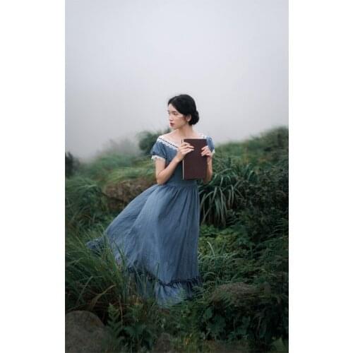 Women Dress Summer Vintage Elegant Slim European Romance Blue Long Dress Retro Lace Sexy Slash Neck Casual Everyday Midi Dress