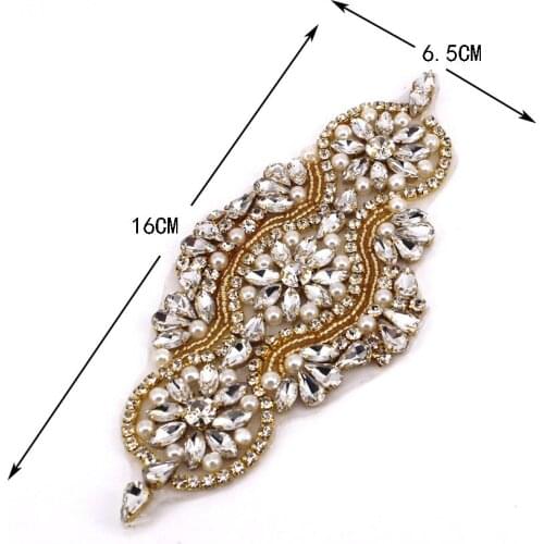 16x6.5cm 1 pcs Gold Base Clear Crystal Rhinestones DIY Wedding Evening DressSewing On Rhinestone Applique