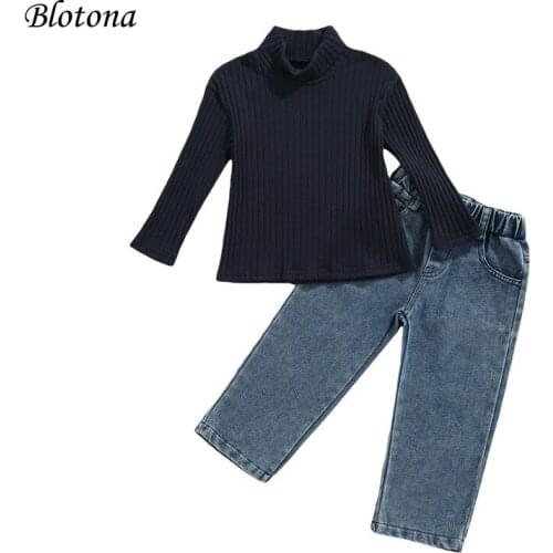 Blotona 2Pcs Kids Girls Outfits, Solid Color High Collar Long Sleeve Ribbed Knitted Tops + Elastic Waist Denim Pants, 2-7Years
