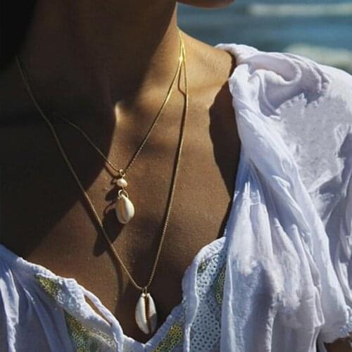 2 Pcs/Set Women Bohemian Necklaces Pearl Shell Pendant Multilayer Gold Long Choker Necklace Set Glamour Lady Beach Jewelry