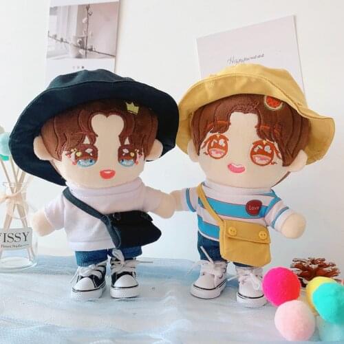 20cm Baby Doll Plush Dolls Clothes Lovely Fisherman hat shoes shirt Stuffed Toys Dolls Accessories for Korea Kpop EXO Idol Doll