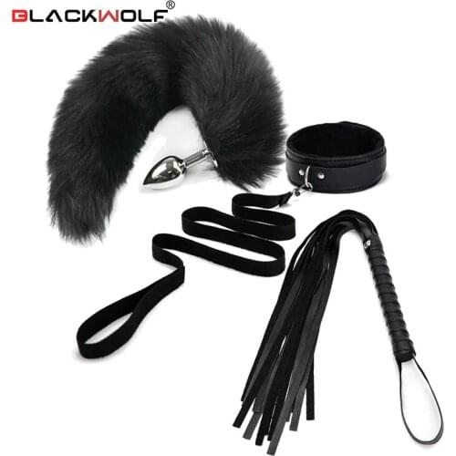 BLACKWOLF 3pcs BDSM Kits Plush Collar Whip Tail Anal Plug Sex Bondage Set Sex Toys For Couples Adults Games Exotic Accessories