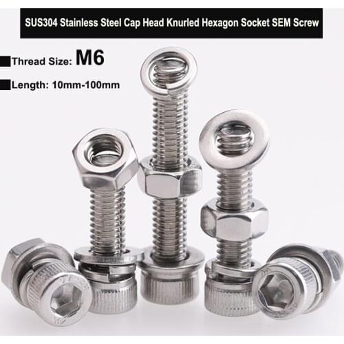 M6 SUS304 Stainless Steel Knurled Cap Head Hexagon Socket Bolt Three Combination Screw with Plain Washer Spring Washer and Nut